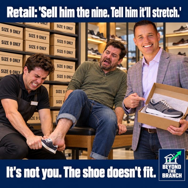 Retail: sell him the nine, tell him it'll stretch. It's not you. The shoe doesn't fit.