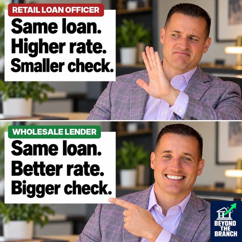 Retail Loan Officer: same loan, higher rate, smaller check. Wholesale Lender: same loan, better rate, bigger check.